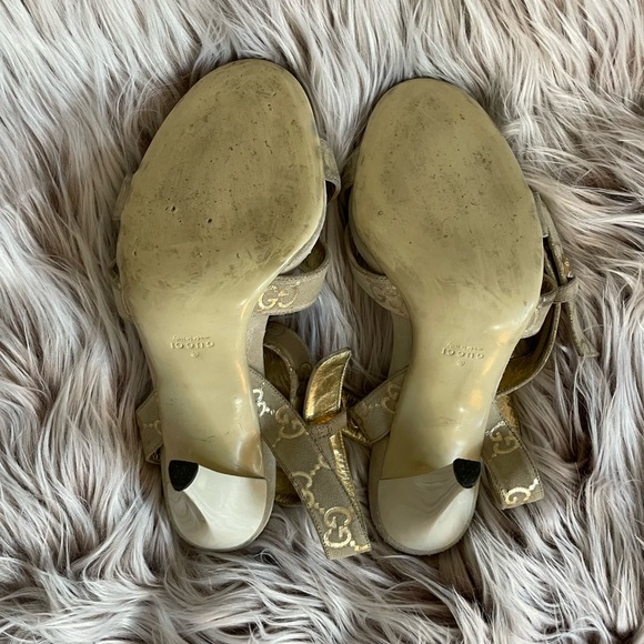 Gucci Gold Monogram Suede Ankle Strap Heels - Picture 6 of 11